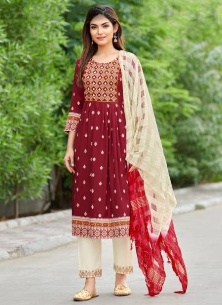 Red Colour Rangjyot Rang Manch New Latest Ethnic Wear Rayon Kurti With Pant And Dupatta Collection 1001 Catalog